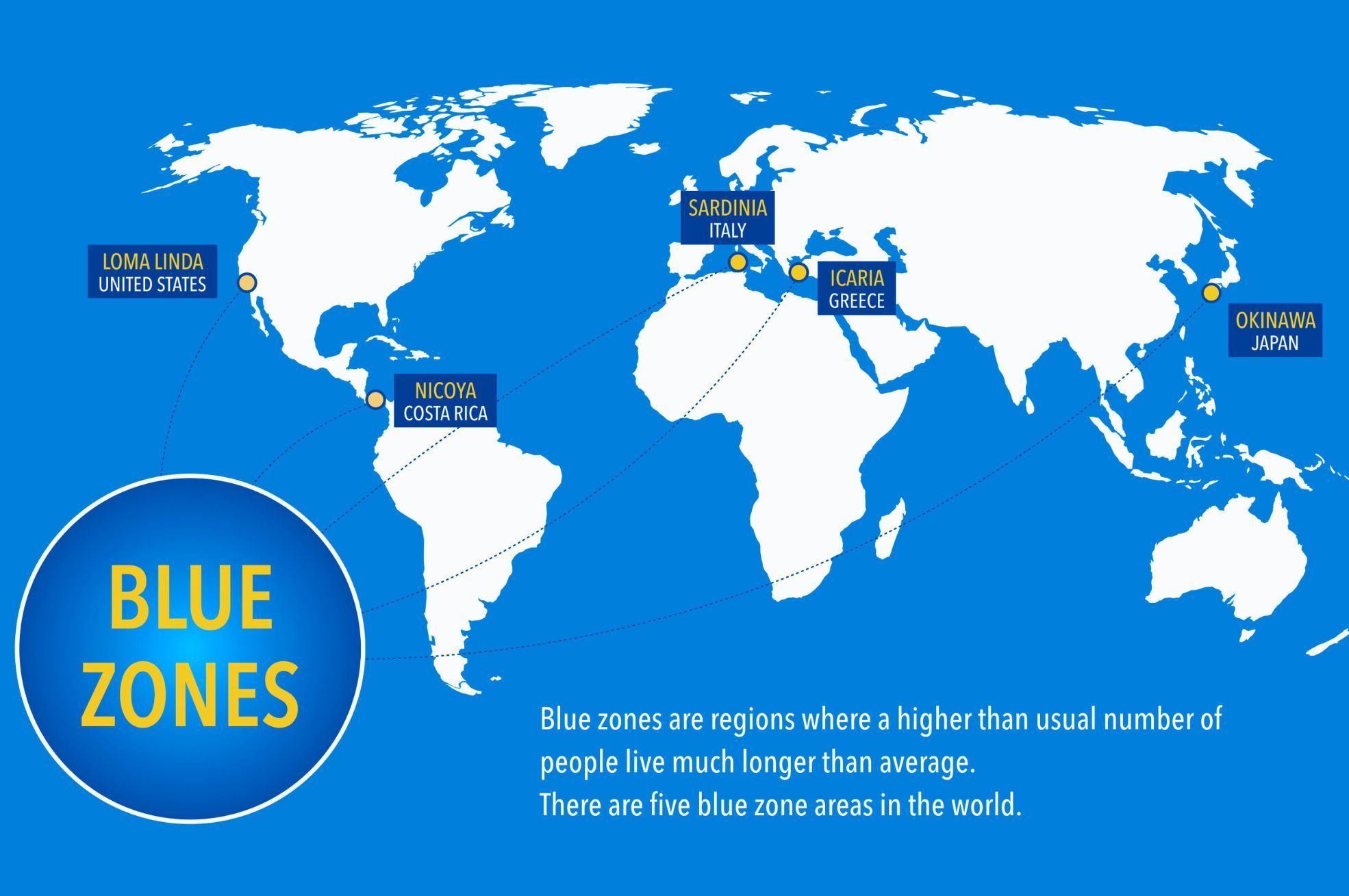 Map of the blue zones of the world where people live longer